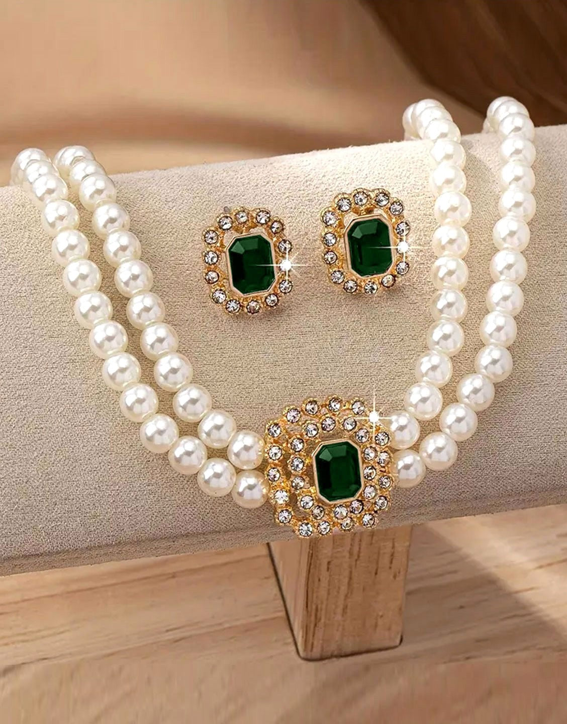 Elegant Double Row Faux Pearl Choker Necklace & Stud Earrings