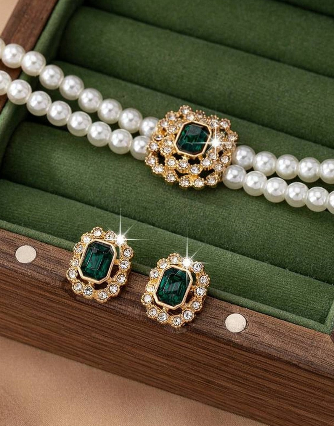 Elegant Double Row Faux Pearl Choker Necklace & Stud Earrings