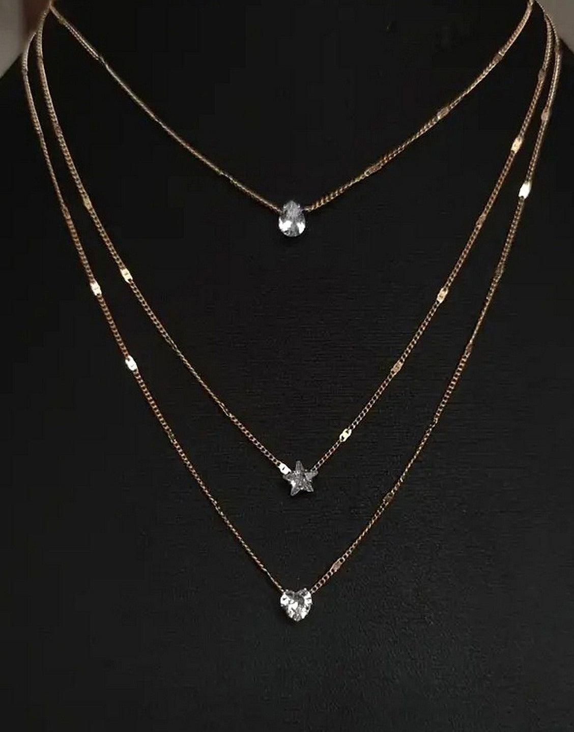 Multi-Layer Star, Heart & Teardrop Charms Rhinestone Necklace