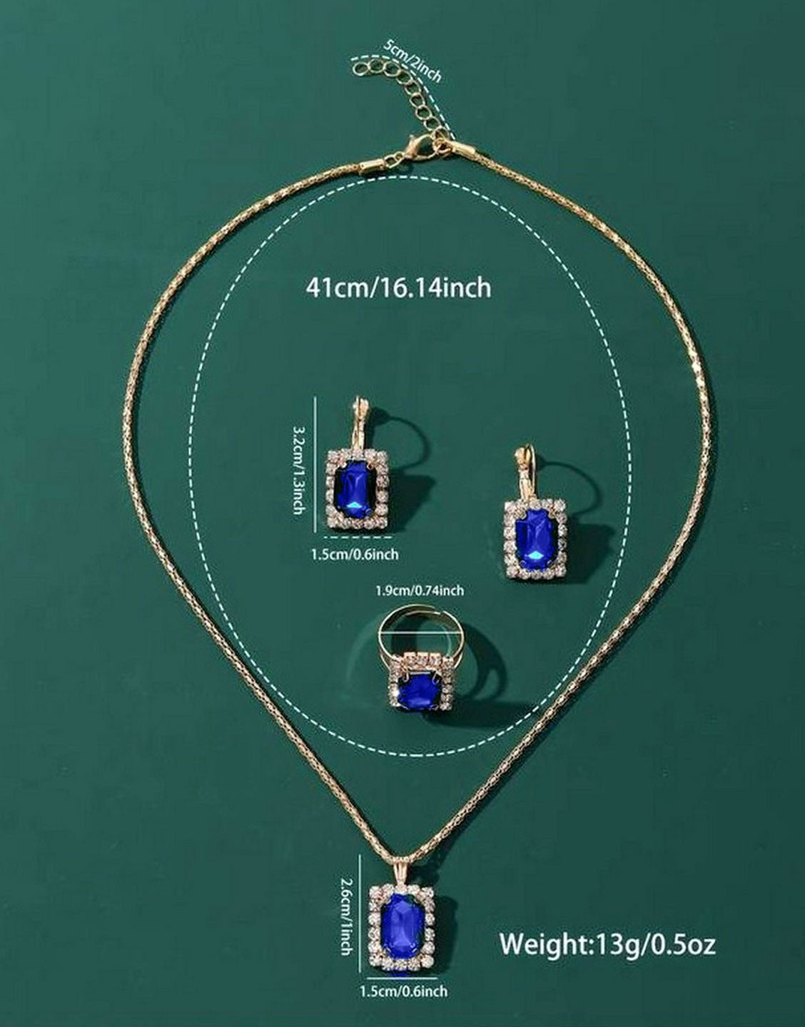 Blue Gemstone Jewellery Set with Earrings, Necklace and Ring