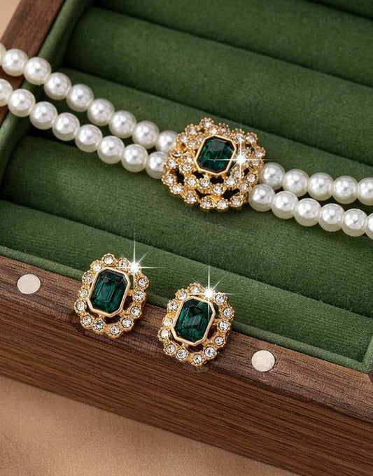 Elegant Double Row Faux Pearl Choker Necklace & Stud Earrings