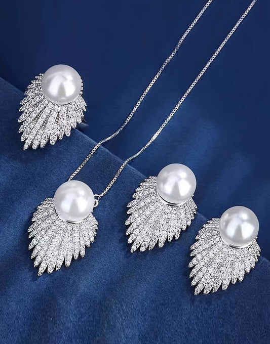 European-Inspired Leaf Design Pearl Jewellery Set with Earrings, Necklace & Finger Ring