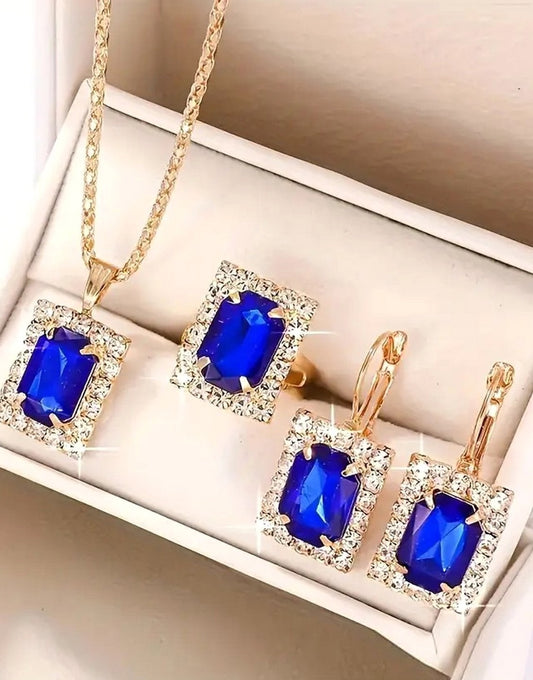 Blue Gemstone Jewellery Set with Earrings, Necklace and Ring