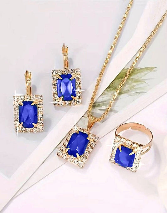 Blue Gemstone Jewellery Set with Earrings, Necklace and Ring