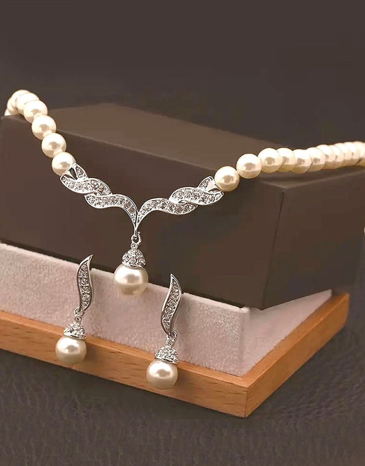 High Quality Silver Pearl Necklace Set with Earrings